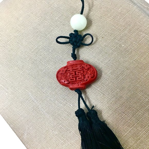 Mini Chinese Knot Red Cinnabar Bead Black Tassel Hanging Pendant Charm - Picture 5 of 16